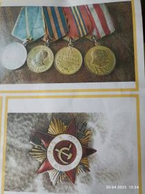 Медаль за участие и победу над Германией 1945г .Медаль за взятие Берлина 1945г. Медаль за отвагу и боевые заслуги 1945г. Орденом Отечественной войны первой степени.1985г.