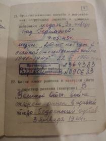 Медаль"За победу над Германией" 9.05.1945        медаль"20 лет победы в Великой Отечественной войне 1941-1945". "Орден Отечественной войны I степени"