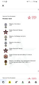 Медаль «За отвагу» 1944г. Орден Красной Звезды 1944г. Медаль «За боевые заслуги» 1945г. Медаль «За отвагу» 1945г. Орден Красной Звезды 1945г. Орден Отечественной войны II степени 1945г. Медал
