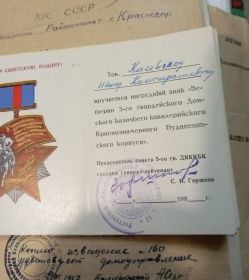 «За Добросовестный труд в ознаменование 100-летия со дня рождения В.И Ленина» «Ветеран 5-го гвардейского Донского казачьего кавалерийского Краснознамённого Будапешского корпуса»