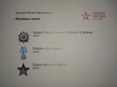 Награды: Орден Отечественной войны ll степени 1944 г., Медаль "За отвагу" 1944 г., Орден Красной Звезды 1945 г..