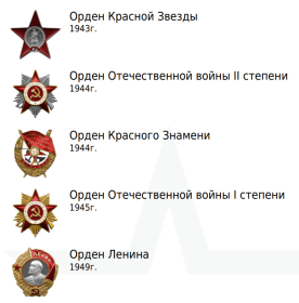 Орден Красной Звезды (1943), Орден Отечественной войны II степени (1944), Орден Красного Знамени (1944), Орден Отечественной войны I степени (1945), Орден Ленина (1949)