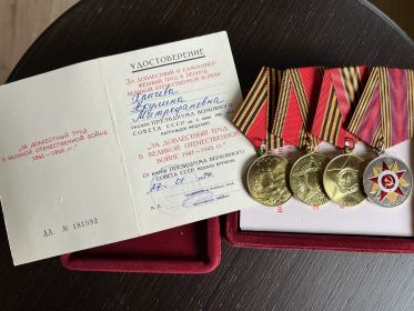 Медаль „ЗА ДОБЛЕСТНЫЙ ТРУД B ВЕЛИКОЙ ОТЕЧЕСТВЕННОЙ ВОЙНЕ 1941 -1945 гт."и юбилейные медали «к 60- лет Победы», «к 65-лет победы», «к 70-лет Победы», «к 75-лет Победы»