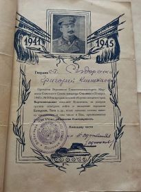 Благодарность за прорыв сильной обороны немцев в горах Вэртэшхедьшаг, овладение городами Естергом, Несмей, Фельше-Галла и Тата
