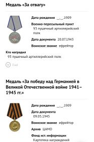Медаль «За отвагу»; Медаль «За победу над Германией в Великой Отечественной войне 1941–1945 гг.»