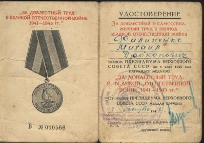 Медаль "ЗА ДОБЛЕСТНЫЙ ТРУД В ВЕЛИКОЙ ОТЕЧЕСТВЕННОЙ ВОЙНЕ"