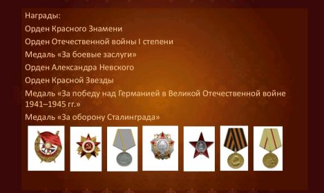 Орден Отечественной войны 1 степени.Орден Красного знамени.Орден Александра Невского.Орден Красной звезды.Медаль За боевые заслуги.Медаль За оборону Сталинграда.Медаль За победу над Германией