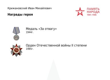 Медали за Отвагу, за Победу над Германией, Орден Отечественной войны.