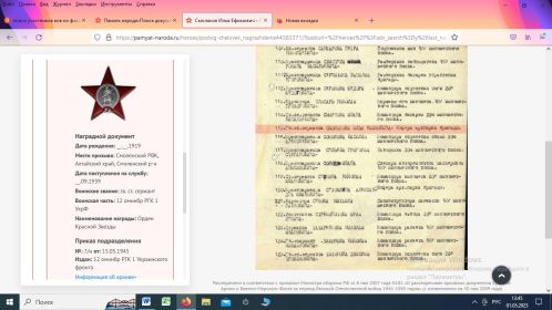 Медаль «За боевые заслуги»; Орден Красной Звезды;  Медаль «За победу над Германией в Великой Отечественной войне 1941–1945), Орден Отечественной войны II степени