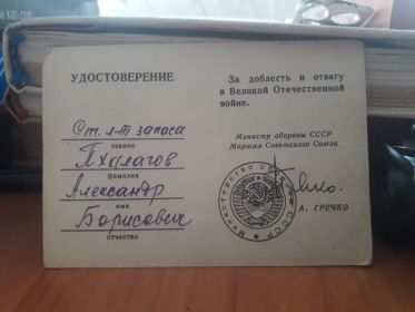 Медаль За боевые заслуги" 22 февраля 1943 года.награждён Медалью “За Отвагу"на фронте с германским фашизмом.Приказ 4марта 1943 года.Ордена “Отечественной войны 2степени”.Приказ от 29.09.1945г