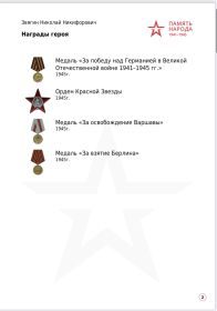 Медаль «За победу над Германией в Великой Отечественной войне 1941-1945 гг.» 1945г. Орден Красной Звезды 1945г. Медаль «За освобождение Варшавы» 1945г. Медаль «За взятие Берлина» 1945г.