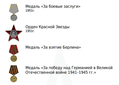 Медаль «За боевые заслуги» , Орден Красной Звезды , Медаль «За взятие Берлина» , Медаль «За победу над Германией в Великой Отечественной войне 1941–1945 гг.»