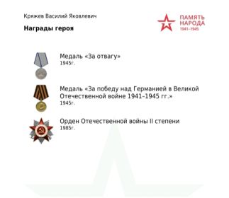 Медаль «За отвагу»,Орден Отечественной войны II степени ,Медаль «За победу над Германией в Великой Отечественной войне 1941–1945 гг.»