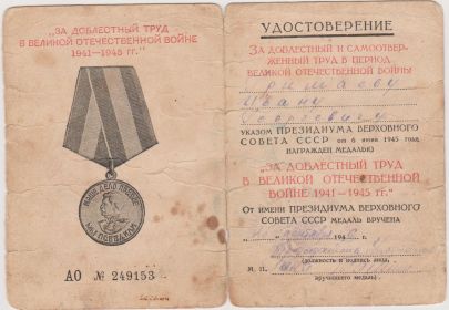медали «За отвагу» и «За доблестный труд в Великой Отечественной Войне 1941-1945 гг.»
