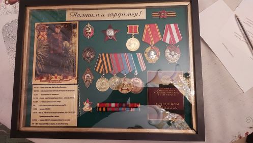 Ордена: "Орден Ленина", "Орден Красного Знамени", "Орден Красной Звезды". Медали: "За Победу над Германией в ВОВ 1941-1945гг", "ХХХ- лет С А и Флота", "В ознаменование 800-летия Москвы", 100