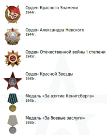 Орден Отечественной войны I степени (2) Орден Красного Знамени (2) Орден Александра Невского (2) Орден Красной Звезды Медаль «За взятие Кенигсберга» (2) Медаль «За боевые заслуги» Медаль «За