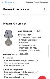 Медаль «За отвагу» (2); Медаль «За победу над Германией в Великой Отечественной войне 1941–1945 гг.»