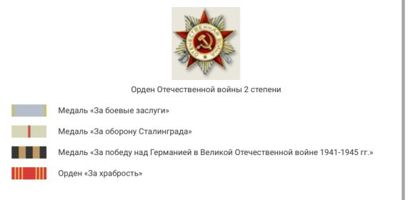 Орден Отечественной войны 2 степени; Медаль «За боевые заслуги»; Медаль «За оборону Сталинграда»; Медаль «За победу над Германией в Великой Отечественной войне 1941-1945 гг.»; Орден за храбро
