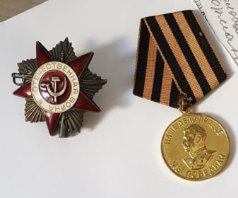Орден Отечественной Войны ,Орден Красной Звезды ,Юбилейные медали , Медаль за взятие Праги.