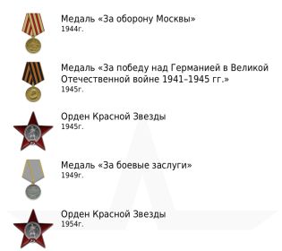 1944г- Медаль за Оборону Москвы; 1945г-Медаль за победу над Германией в ВОВ 1941-1945; 1945- Орден Красной звезды; 1949г- медаль за Боевые заслуги; 1954г- Орден Красной звезды