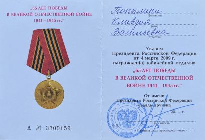 Юбилейная медаль «65 лет Победы в Великой Отечественной войне 1941–1945 гг.»