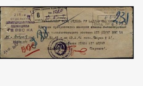 Документ от 24 февраля 1942 года с подписью начальника штаба 215одраэ Перемота Дмитрия Константиновича.