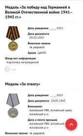 медаль "За отвагу", "За победу над Германией в Великой Отечественной войне", Орден Отечественной войны 2 степени