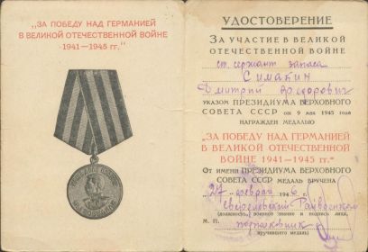 медаль «За победу над Германией в Великой Отечественной войне 1941-1945 гг.»