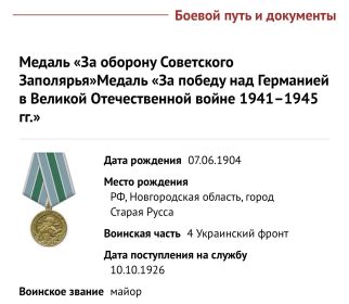 Медаль «За оборону Советского Заполярья» Медаль «За победу над Германией в Великой Отечественной войне 1941-1945 ГГ.»