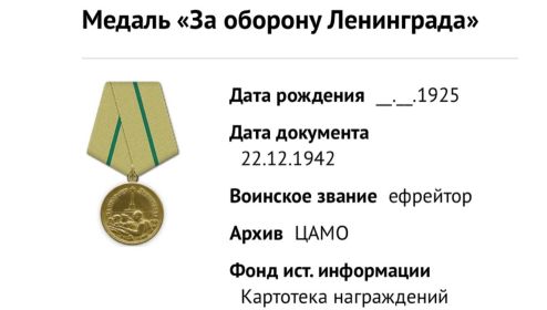 медаль «За оборону Ленинграда» от 22.12.1942 г.