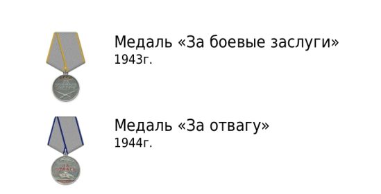 Медаль «За боевые заслуги» 1943 года, медаль «За отвагу» 1944г.