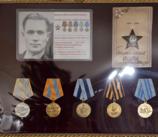 Орден "Красная звезда", "За боевые заслуги" 1943 г., "За боевые заслуги" 1945г., "За взятие Вены", "За взятие Будапешта", "За спасение утопающего"