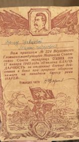 Приказом номер 224 Верховного Главнокомандующего Маршала Советского Союза товарища Сталина от 17 января 1945