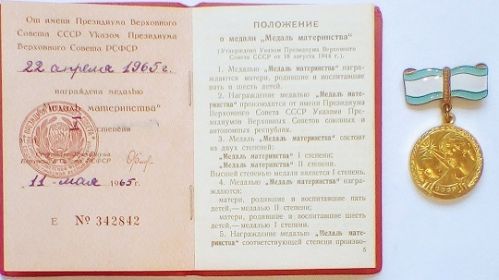 Медаль «Медаль материнства» I степени