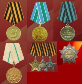 Медаль «За оборону Ленинграда» Медаль «За оборону Советского Заполярья» Медаль «За взятие Кенигсберга» Медаль «За победу над Германией в Великой Отечественной войне 1941–1945 гг.»