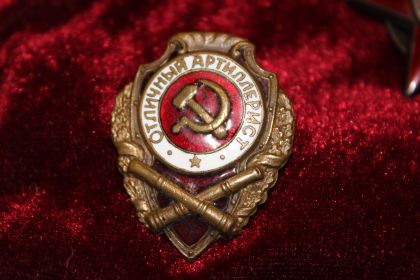 Нагрудный знак «Отличный артиллерист» (ноябрь 1944 г., перед 25-летием Октября — первая награда, за передовость в бою)