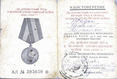 «ЗА ДОБЛЕСТНЫЙ ТРУД В ВЕЛИКОЙ ОТЕЧЕСТВЕННОЙ ВОЙНЕ 1941-1945 гг.»