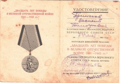 Медаль «20 лет победы в ВОВ».
