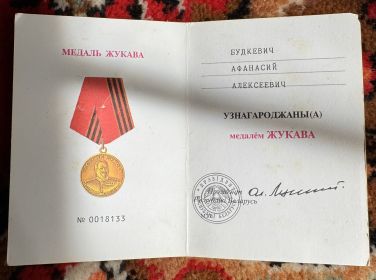 За участие в Великой Отечественной Войне был награждён Медалью Жукова (№ 0018133)