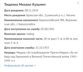Орден Красной Звезды, медаль “За освобождение Праги», медаль «За победу над Германией в Великой Отесественной войне 1941-1945 гг»