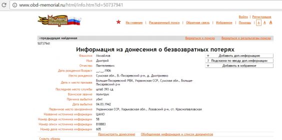 Страница сайта  обобщенного банка данных «Мемориал»
