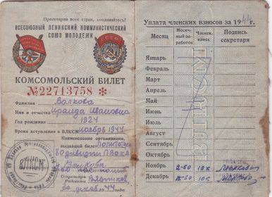 Копия комсомольского билета Волковой И.И., время вступления в комсомол ноябрь 1944 года
