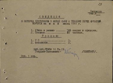 Журнал боевых действий 14 гв. ск за май месяц 1944 года,для понимания боев в которых принимал участие 23 гв.пол