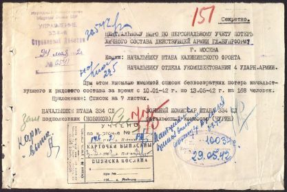 Донесения о безвозвратных потерях Дата донесения: 29.05.1942 Название части: упр. 334 сд