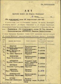 Акт вручения медали"За оборону Ленинграда"