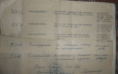 Выписка из карточки поощрений красноармейца Носик Степана Филипповича