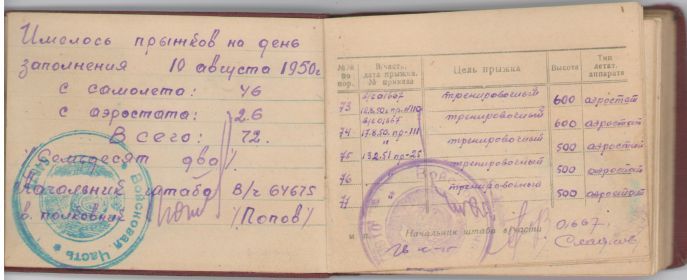 КНИЖКА УЧЕТА ПАРАШЮТНЫХ ПРЫЖКОВ ЗА  1950 - 1960 годы