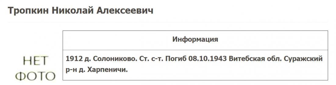 Информация о Тропкине НА на сайте герои-Данилов.ру