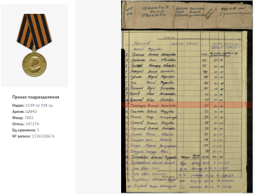 Медаль «За победу над Германией в Великой Отечественной войне 1941–1945 гг.» Строка в наградном списке