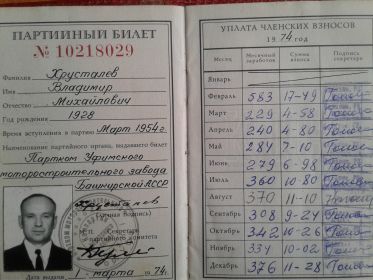 Партийный билет члена КПСС с 1974 года.